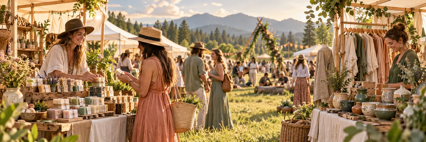 Illustrated market stalls with handmade soap, linen and pottery beneath canvas tents in a meadow