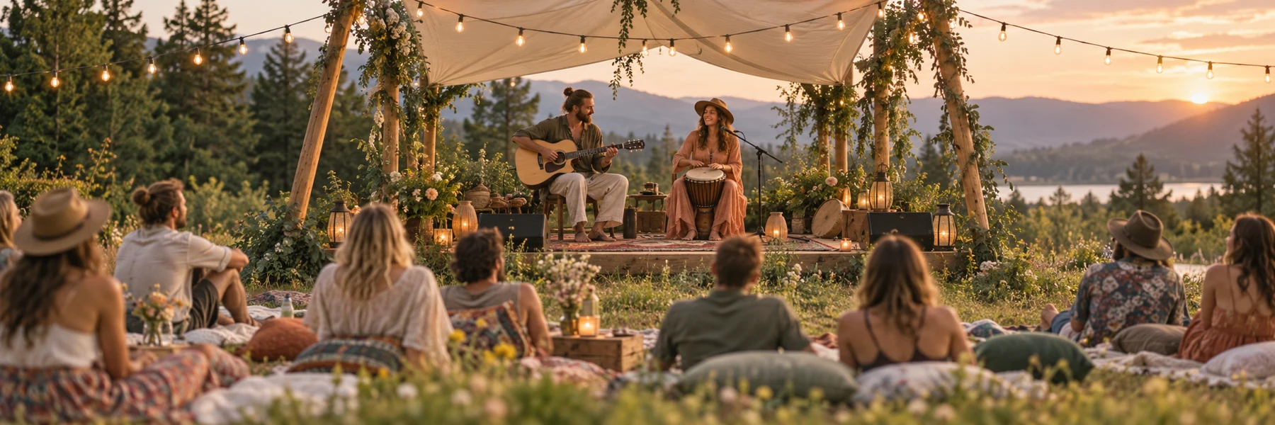 Illustrated acoustic musicians under a canvas canopy with an outdoor festival audience