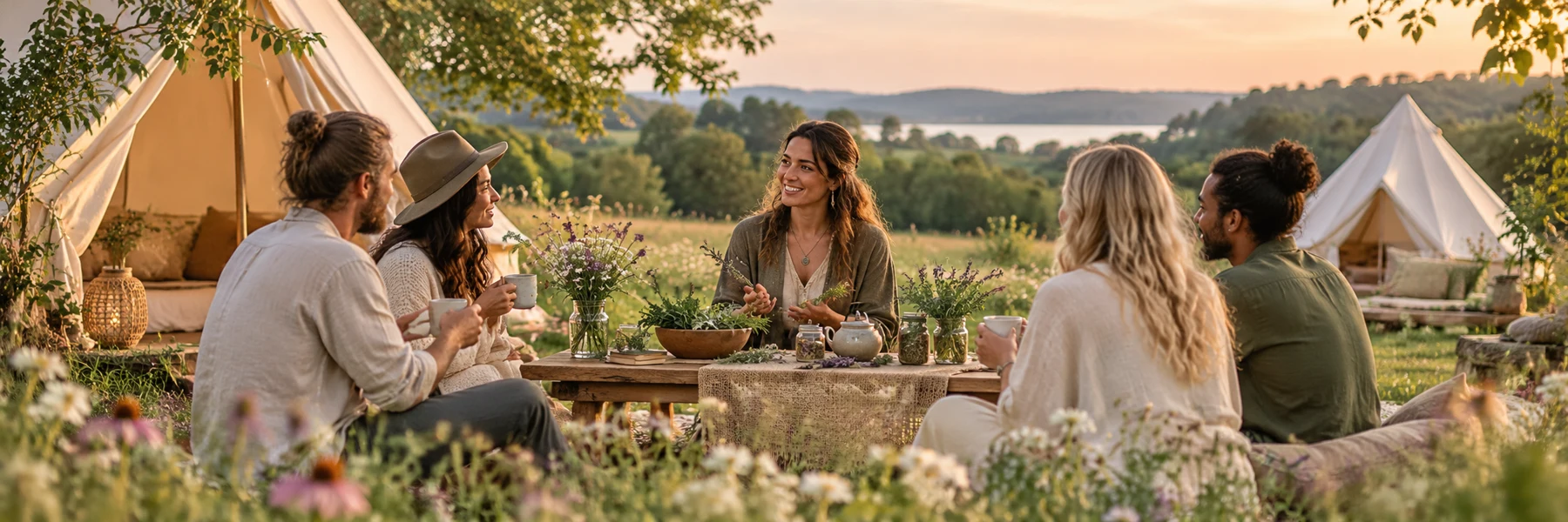 Illustrated outdoor gathering with herbal tea, wildflowers and people in conversation